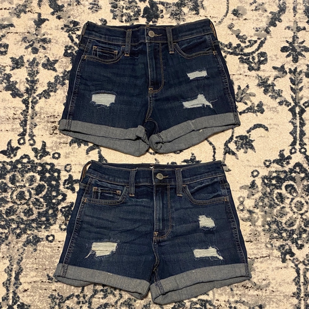 Hollister High-Rise Dark Blue Distressed Jean Shorts